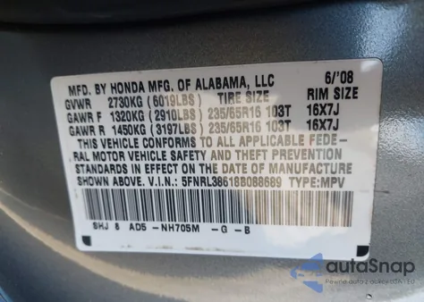 2008 Honda Odyssey Ex-L from USA, damaged, VIN 5FNRL38618B088689